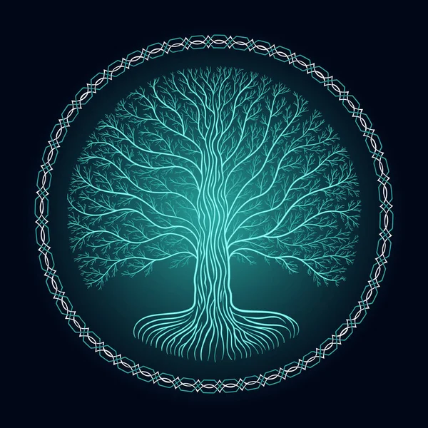 Árbol druida Yggdrasil, logo gótico oscuro redondo. estilo de libro antiguo — Archivo Imágenes Vectoriales