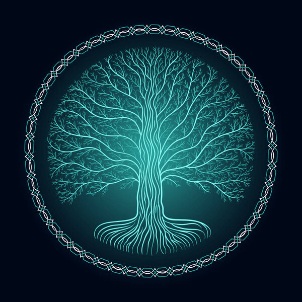 Druidic Yggdrasil tree, round dark gothic logo. ancient book style