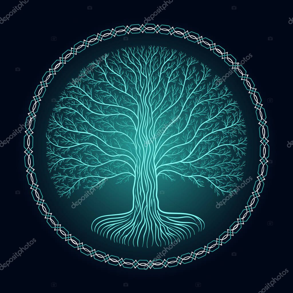 Druidic Yggdrasil tree, round dark gothic logo. ancient book style.