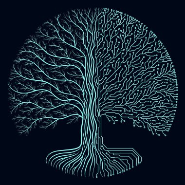 Yüksek teknoloji devre tarzı yuvarlak yggdrasil ağaç. Cyberpunk fütüristik tasarımı. İlerleme sembolü