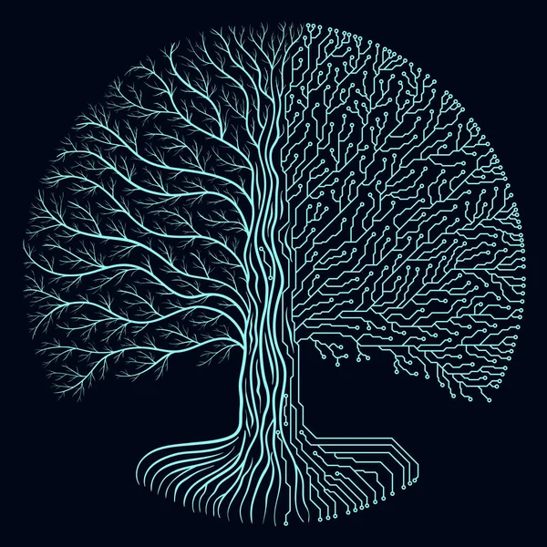 Yüksek teknoloji devre tarzı yuvarlak yggdrasil ağaç. Cyberpunk fütüristik tasarımı. İlerleme sembolü