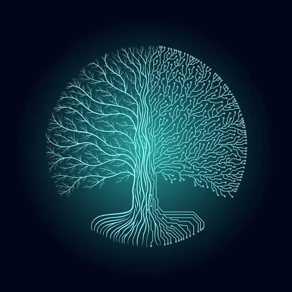 Yüksek teknoloji devre tarzı yuvarlak yggdrasil ağaç. Cyberpunk fütüristik tasarımı. İlerleme sembolü