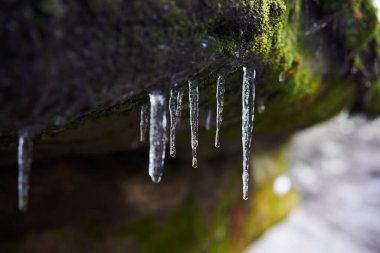 Taşın üzerindeki buzu yakın plan yap. İzole nesne, doğa dokusu. Doğa geçmişi. Ayrı nesne