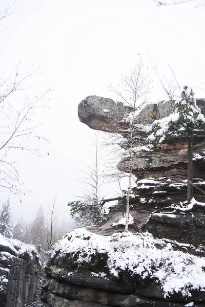 雪に覆われた岩 トレッキング トレッキングの友人 高品質の写真 — ストック写真