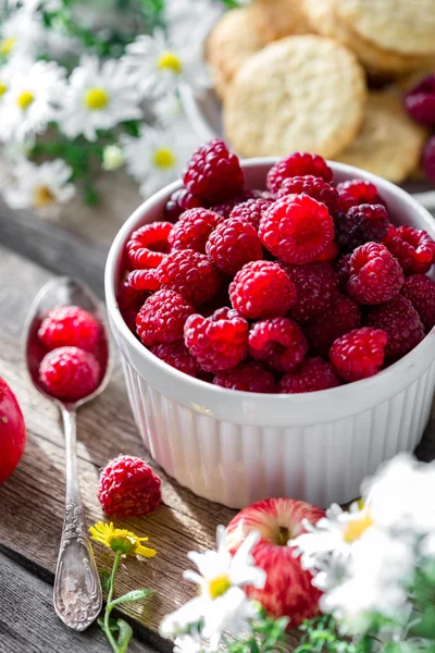 Frambuesas, bayas, bayas, desayuno, mañana, pueblo, soleado, naturaleza muerta, mesa, galletas, cuenco — Foto de Stock