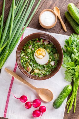 Okroshka, Kvas, salatalık, yeşil soğan, Rus Mutfağı, soğuk çorba, çorba, yaz gıda,