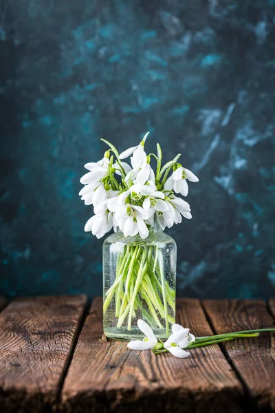 Snowdrops Wooden Background Glass Vase — Stock Photo, Image