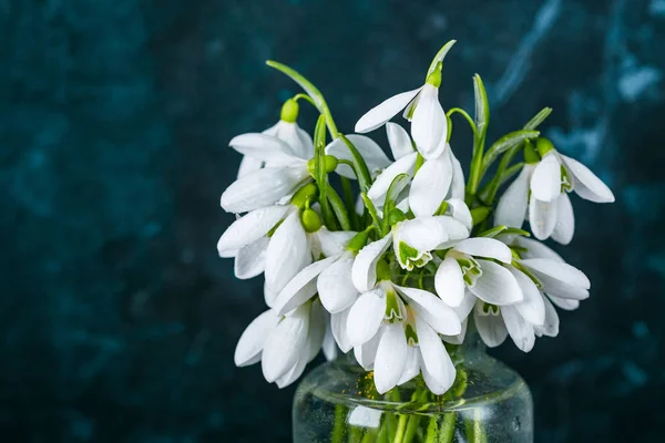 Snowdrops Φόντο Ξύλινη Γυάλινο Βάζο — Φωτογραφία Αρχείου