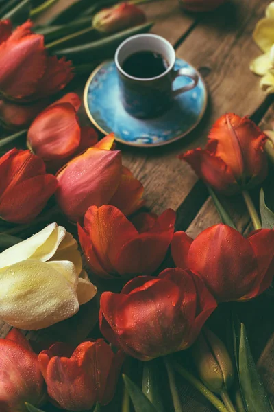 Red Tulips Wooden Table Blue Cup Coffee Still Life — Stock Photo, Image