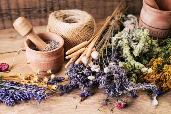 Oogsten van geneeskrachtige kruiden, alternatieve geneeskunde, Ayurveda, gedroogde bloemen — Stockfoto