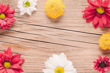 Tahta bir arkaplanda bahar çiçeklerinin çerçevesi, boşluğu kopyala