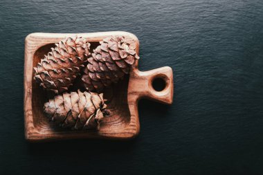 Tahta bir arka planda Sibirya sedir kozalakları