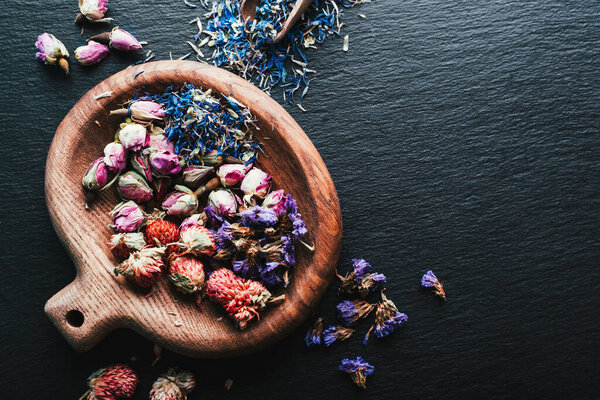 Harvesting medicinal herbs, dried flowers, herbal tea
