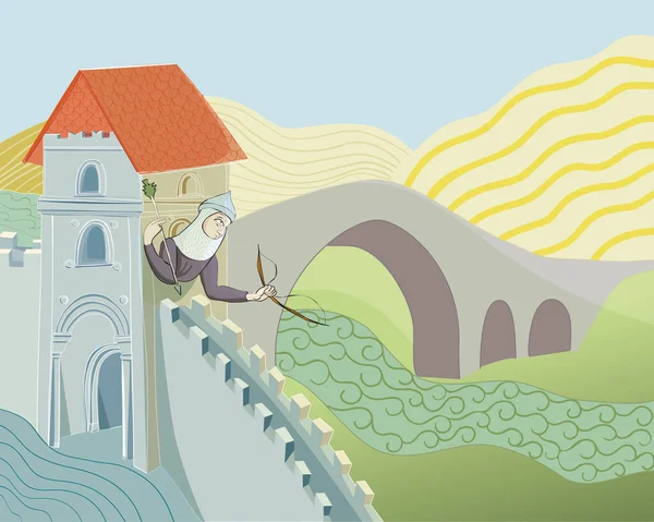 Pont médiéval mur avec garde avec arche — Image vectorielle