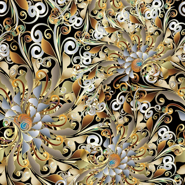 Altın çiçek damasko seamless modeli. Arka plan swirls vektör — Stok Vektör
