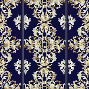 Çizgili vintage Barok vektör çiçek seamless modeli. 