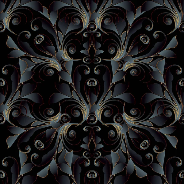 Oscuro negro 3d barroco vector patrón sin costuras . — Vector de stock