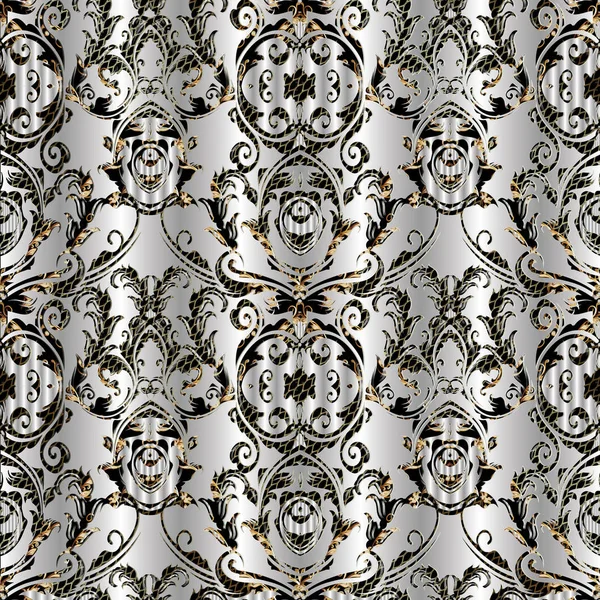 Barock damast vektor sömlösa mönster. Blommig silver bakgrund — Stock vektor