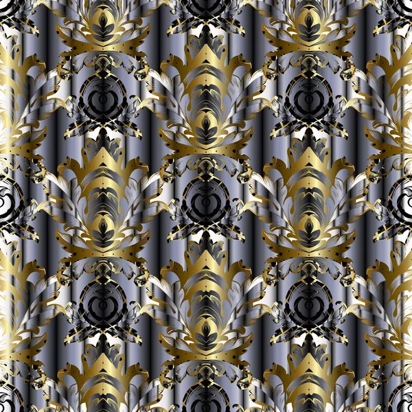 Lujo 3d rayas barroco patrón sin costura. Flores abstractas — Vector de stock