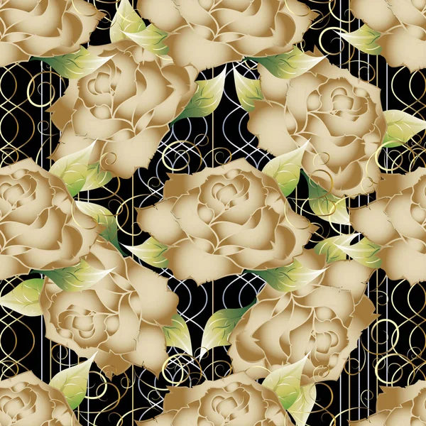 Blumengestreiftes, nahtloses Muster. Goldene Rosen Vektor Hintergrund. — Stockvektor