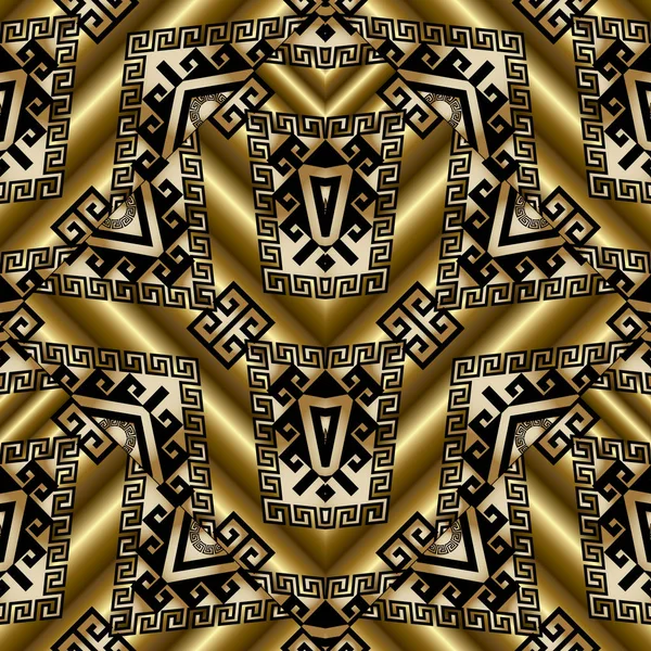 Oro étnico 3d meandro griego clave patrón sin costuras — Archivo Imágenes Vectoriales