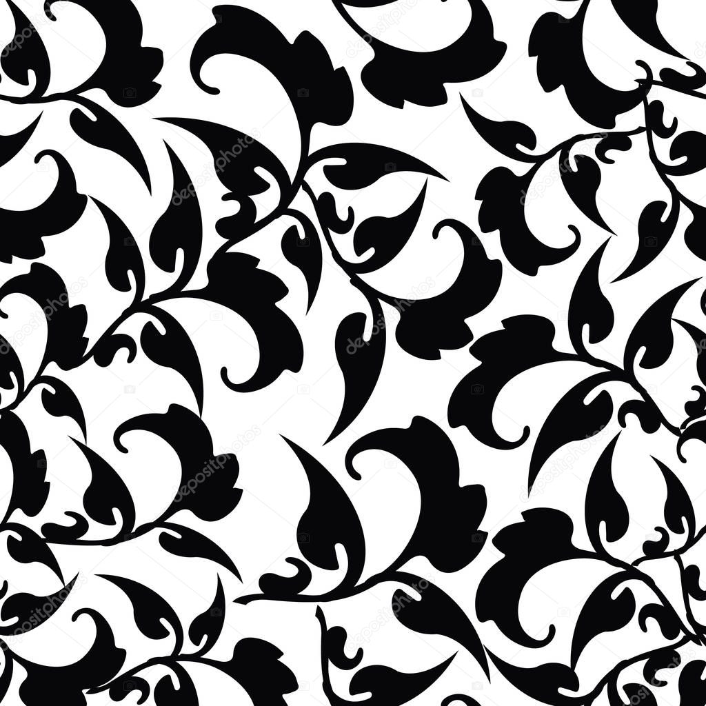 Floral black white vector seamless pattern. Baroque background