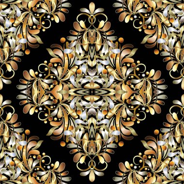 Altın vintage 3d çiçek seamless modeli. Vektör çiçek