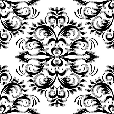 Vintage çiçek damasko seamless modeli. Siyah beyaz vektör