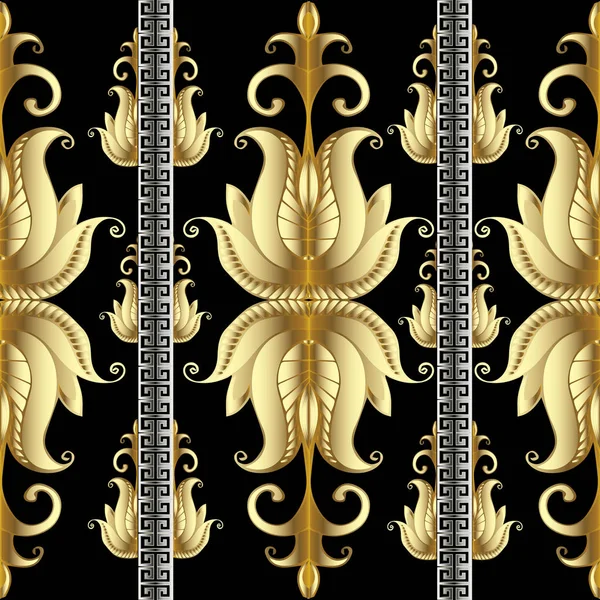 Çizgili çiçek altın Menderes seamless modeli. Yunan anahtar sınır