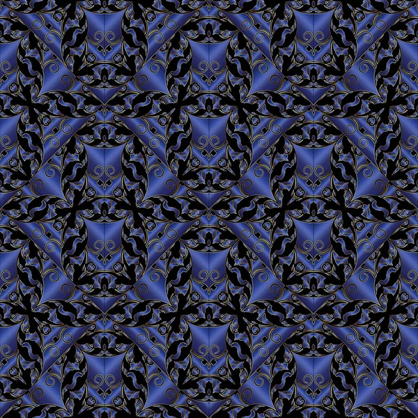 빈티지 꽃 완벽 한 패턴입니다. 다크 블루 벡터 3d 배경. — 스톡 벡터