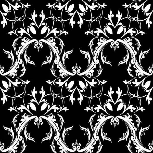 Damask baroque floral seamless pattern. Black white background — Stock Vector
