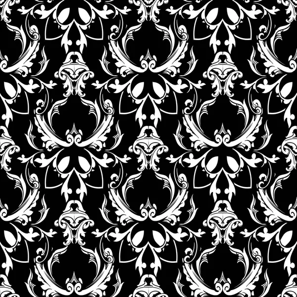 Damask baroque floral seamless pattern. Black white background — Stock Vector