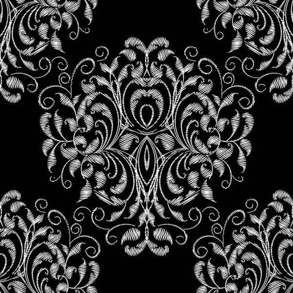 Δαμασκηνό floral μαύρο λευκό απρόσκοπτη μοτίβο κεντήματα. — Διανυσματικό Αρχείο