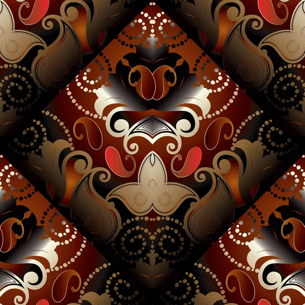 Paisleys patrón 3d sin costuras. Vector rojo oscuro fondo floral — Vector de stock