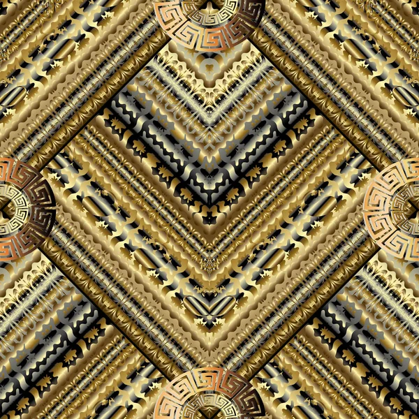Oro rayas azulejos griego clave meandros vector patrón sin costuras . — Vector de stock