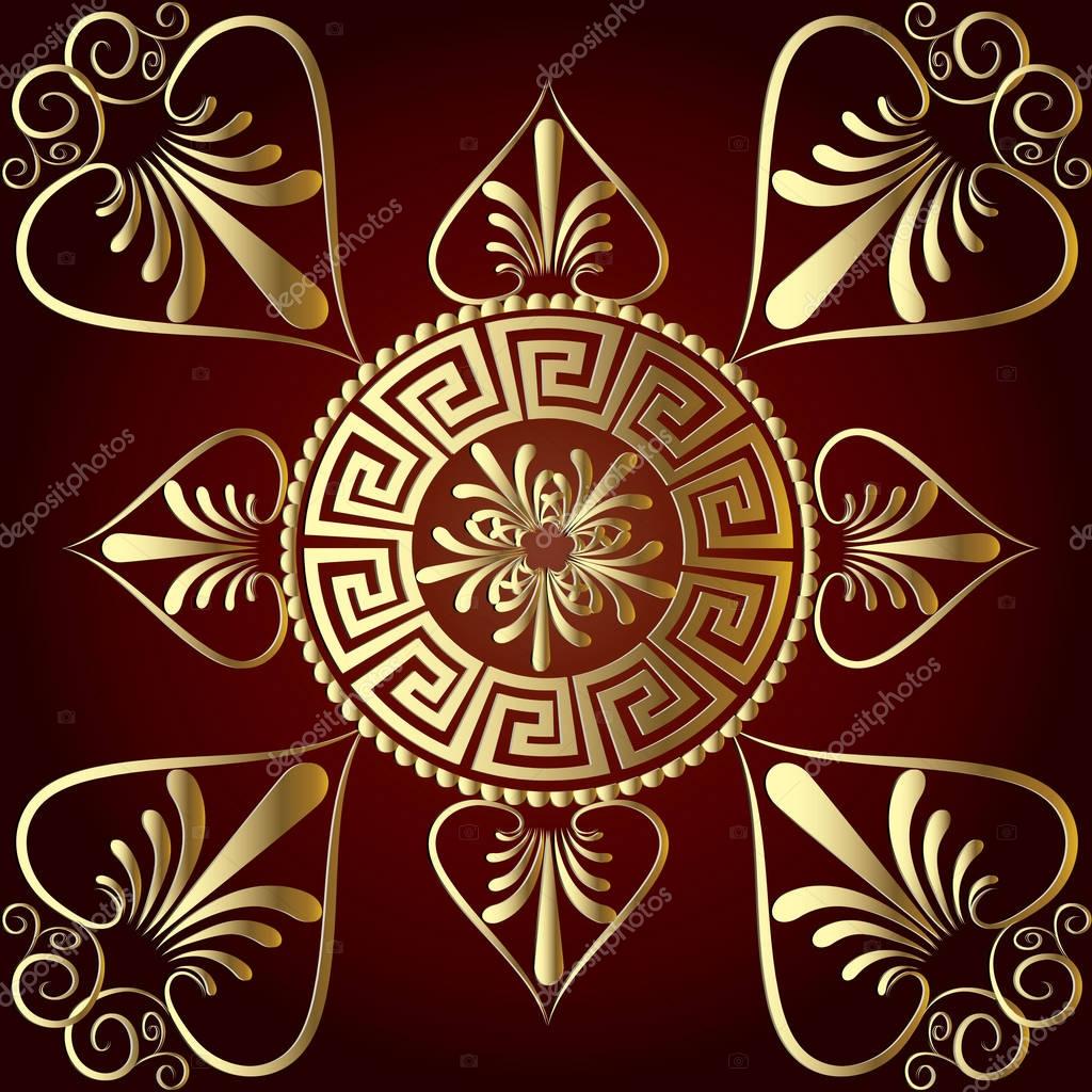 Vector mandala. Ancient greek key meander circle pattern. Dark red floral background with grecian vintage hand drawn gold 3d flowers, line art tracery ornaments. Modern surface golden mandala pattern