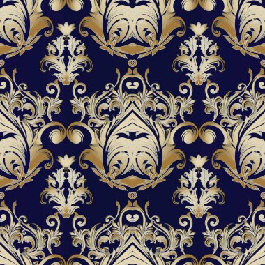 Damasko vektör seamless modeli. Mavi çiçek Barok arka plan. 