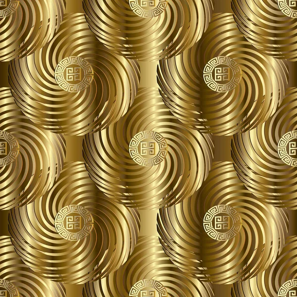 Gold circles 3d vector meander seamless pattern. Greek key
