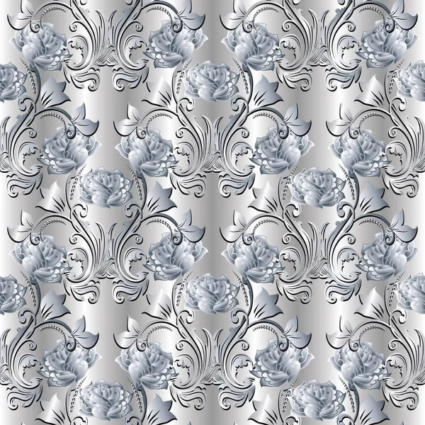 Rosas blancas 3d patrón sin costuras. Fondo floral vector plata — Vector de stock