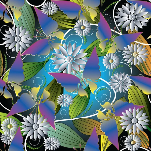 Blumen und Schmetterlinge. Vektor florales nahtloses Muster. — Stockvektor
