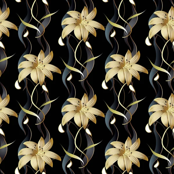 3d gold flowers seamless pattern. Vector waves, stripes — Stock Vector