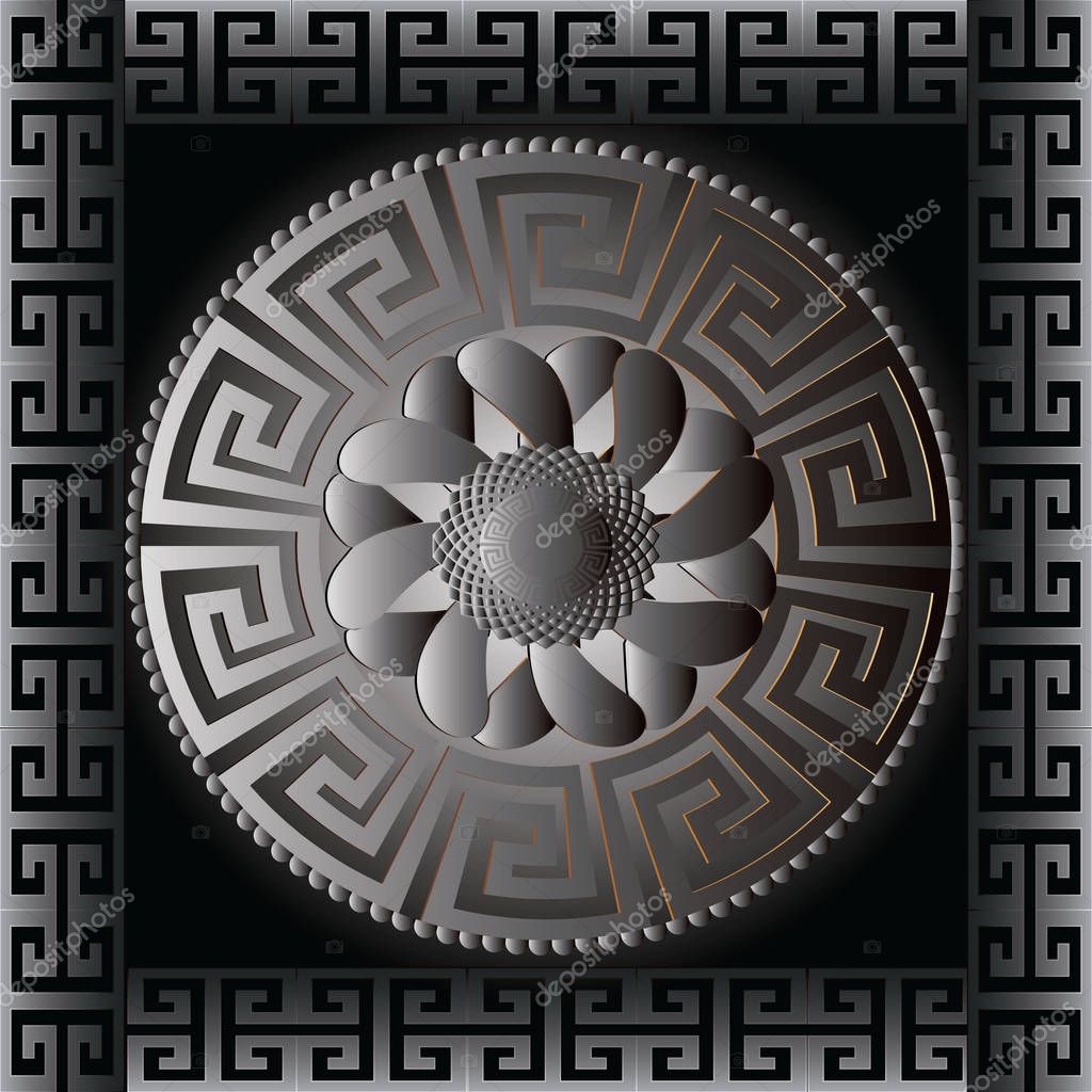 Mandala. Geometric 3d ornament. Vector meander pattern. Modern dark black background with frame. 3d mandala with floral greek key ornaments. Ornamental design. Graphic icon. Geometric abstract texture