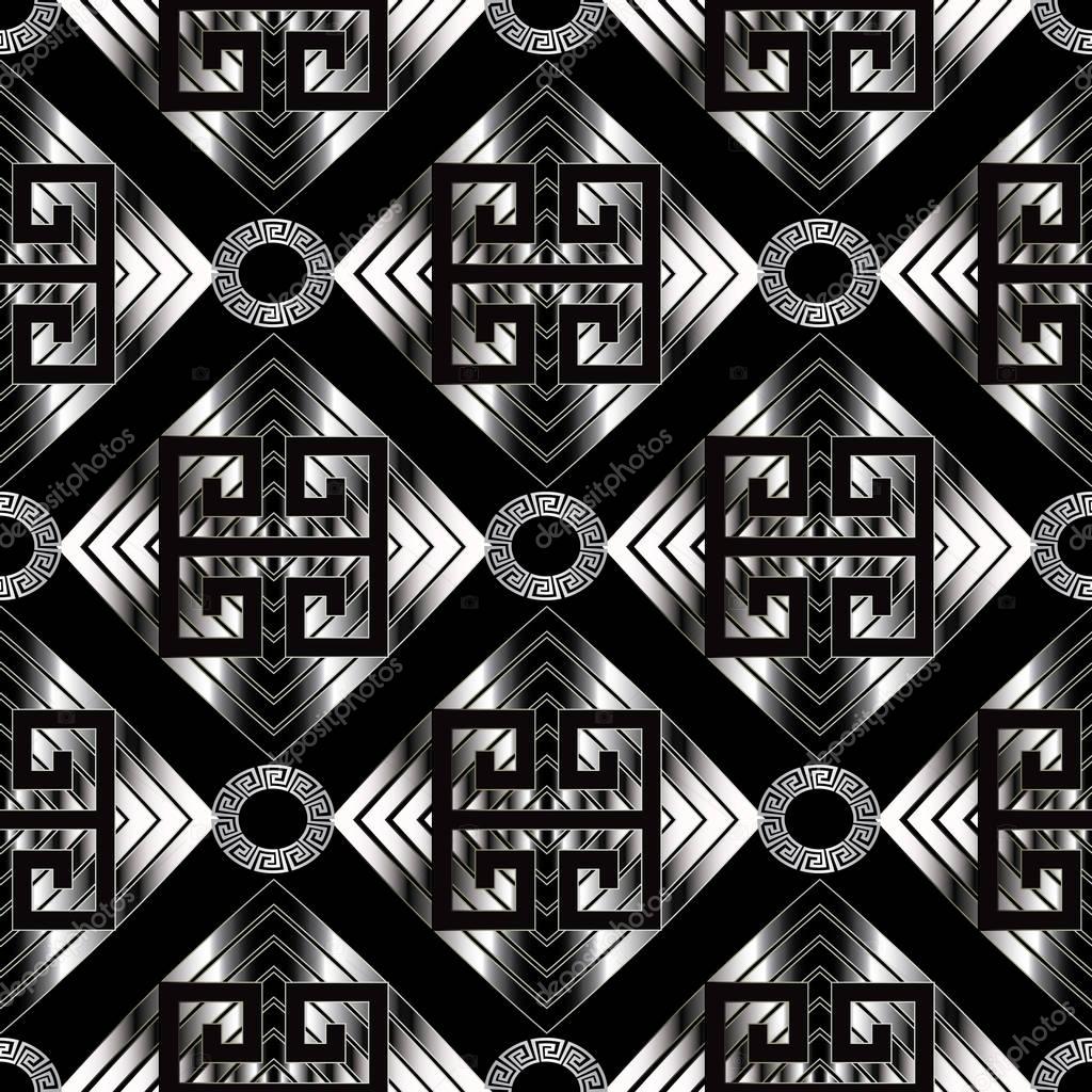 Geometric meander seamless pattern. Black vector geometry abstract background wallpaper with silver geometric shapes, figures, rhombus, squares, circles and greek key meander modern ornaments