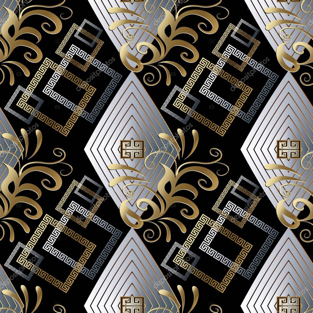 Check tiled geometric modern seamless pattern. Black vector geometry abstract background wallpaper with gold silver geometric shapes, figures. squares, flowers and greek key meander, floral ornaments