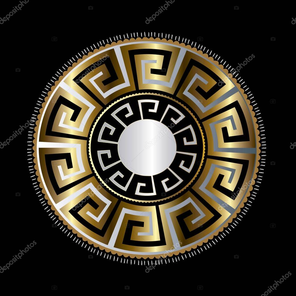 Ancient round decorative ornament. Vector gold black meander pattern on the dark red background. Antique mandala with greek key ornaments. Ornamental design. Graphic decor. Geometric abstract  texture