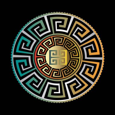Ancient round ornament. Vector gold black blue meander pattern clipart