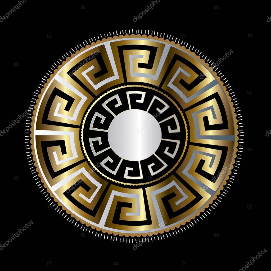 Ancient round decorative ornament. Vector gold black meander pattern on the dark red background. Antique mandala with greek key ornaments. Ornamental design. Graphic decor. Geometric abstract  texture