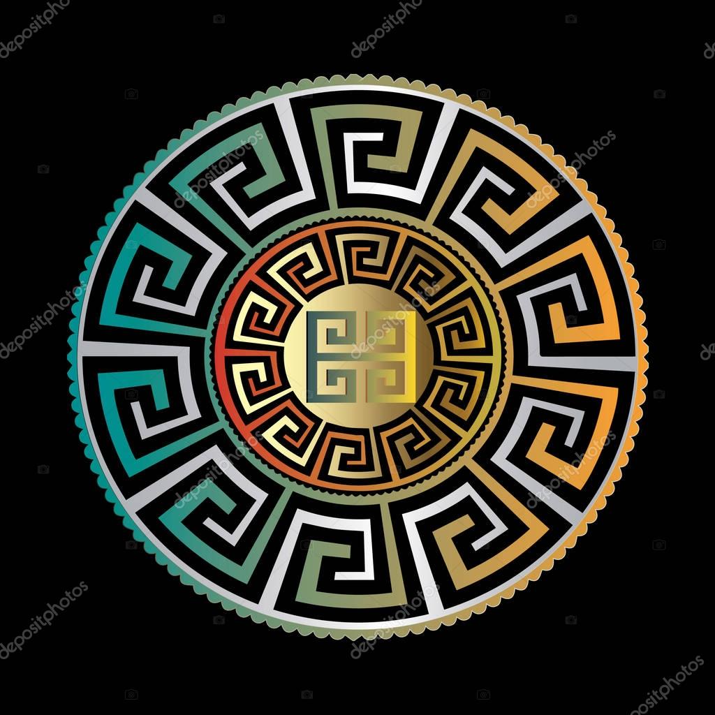 Ancient round ornament. Vector gold black blue meander pattern on the black  background. Antique mandala with greek key ornaments. Ornamental design. Graphic decor. Geometric abstract 3d texture