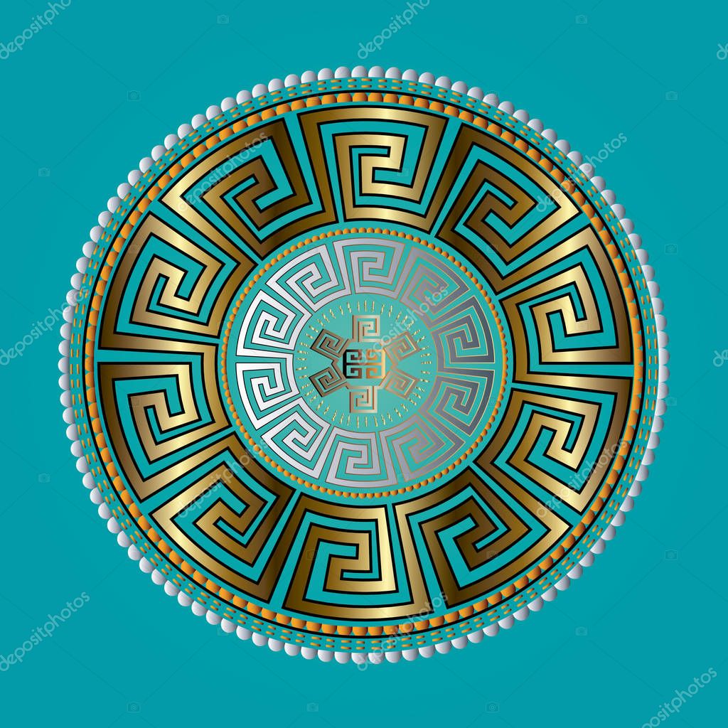 Ancient round ornament. Vector gold meander pattern on the blue background. Antique mandala with golden silver black greek key ornaments. Ornamental design. Graphic decor. Geometric abstract  texture