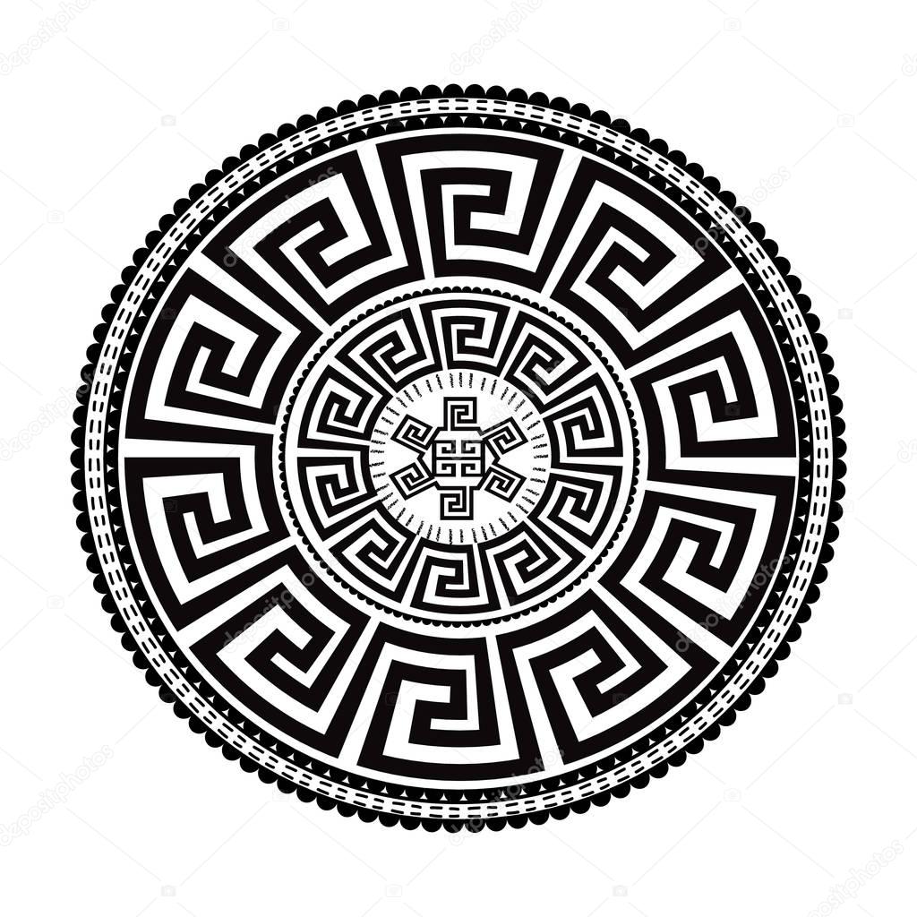 Ancient round ornament. Vector isolated black meander pattern on the white background. Antique mandala with greek key ornaments. Ornamental design. Graphic decor. Geometric abstract ornate texture